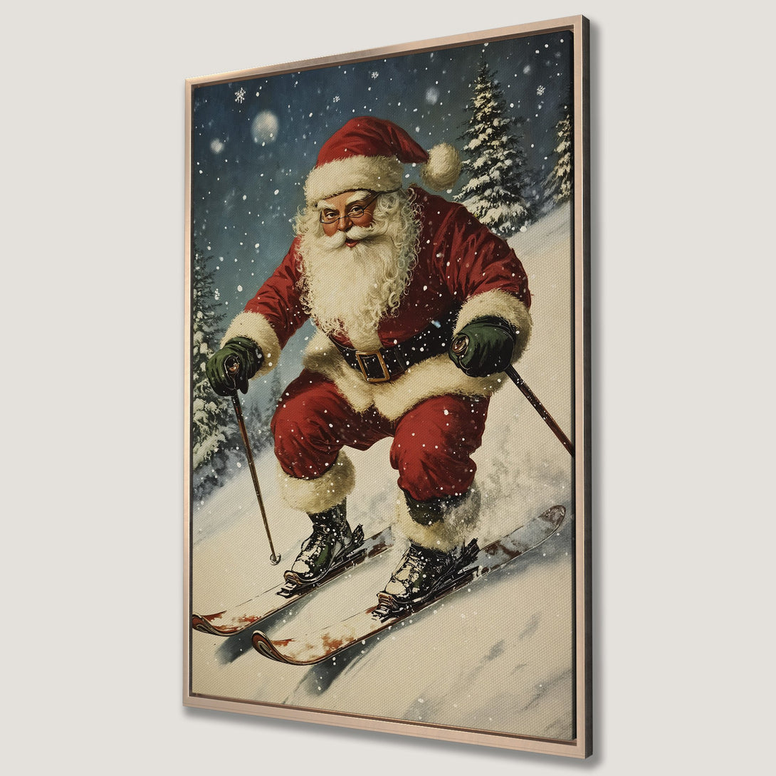 Framed Wall Art: Vintage Santa skiing in a snowy forest scene. Red, white, and blue color palette. Perfect Christmas decor.