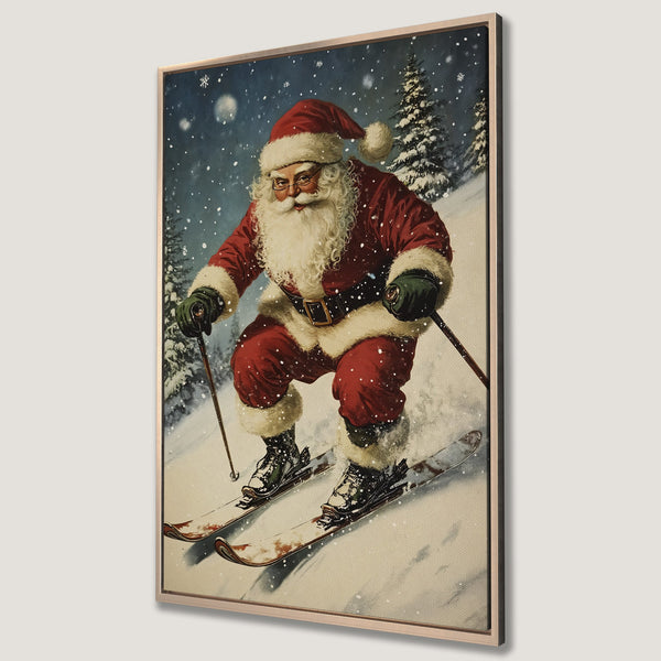 Framed Wall Art: Vintage Santa skiing in a snowy forest scene. Red, white, and blue color palette. Perfect Christmas decor.