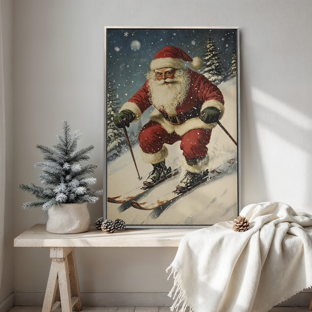 Framed Wall Art featuring Santa skiing in a vintage style. Festive red and white color palette. Perfect Christmas decor for a cozy home.