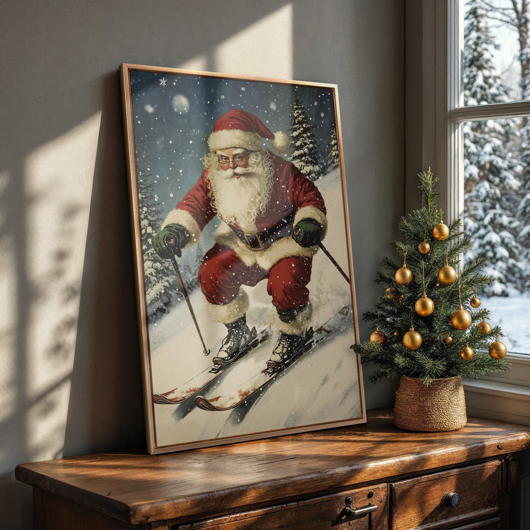 Framed Wall Art featuring Santa skiing in a vintage style. Festive red and white color palette. Perfect Christmas decor.