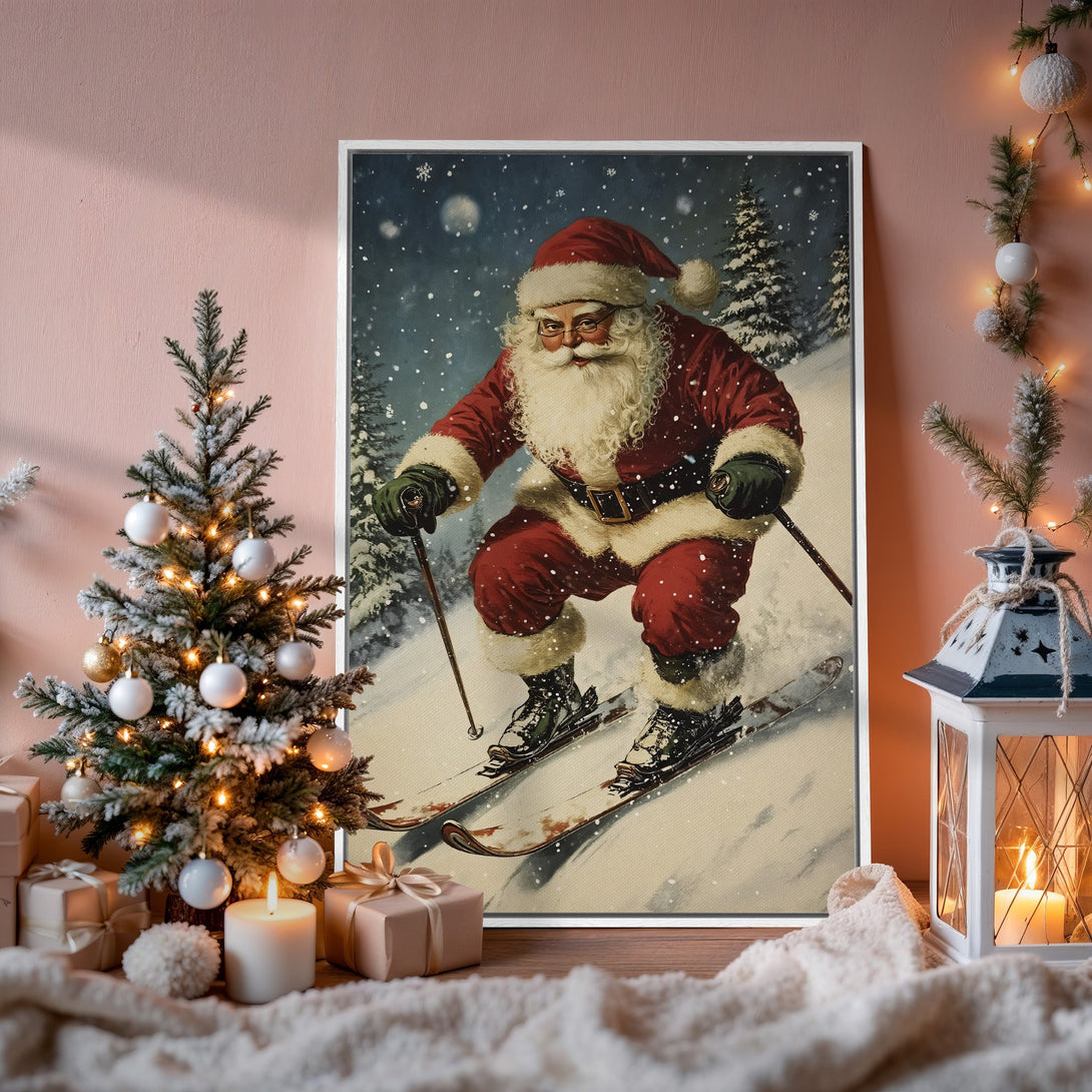 Framed Wall Art: Vintage Santa Claus skiing in a snowy landscape. Festive red & blue color palette, perfect for Christmas decor.