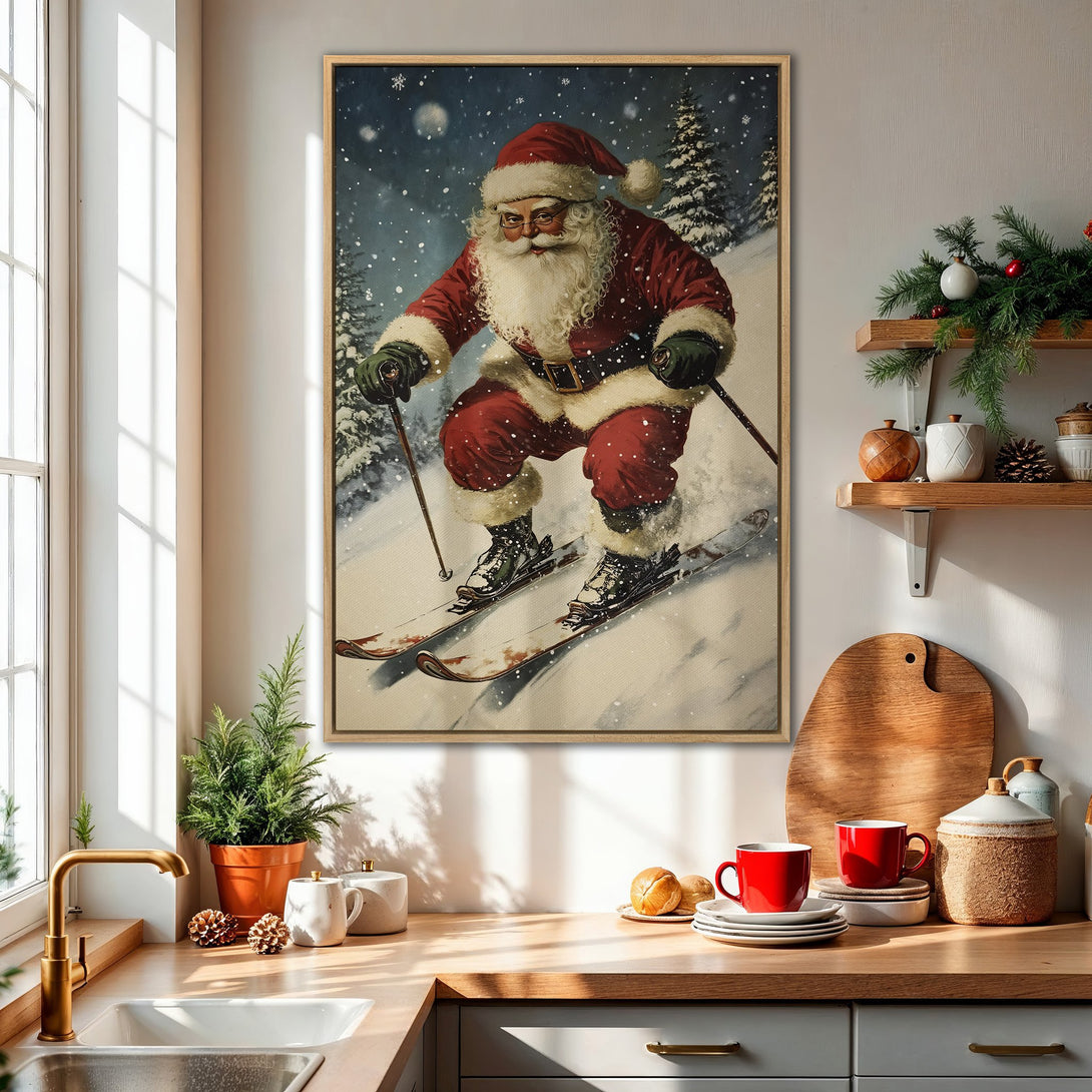 Framed Wall Art featuring Santa skiing in a vintage style. Festive red and snowy blue color palette. Perfect Christmas decor for your kitchen or living room!