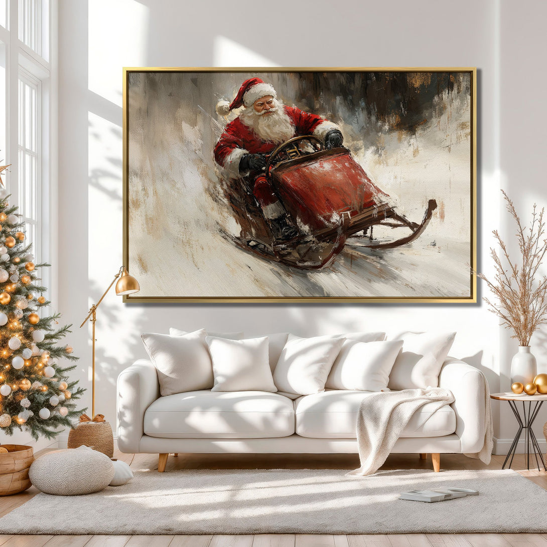 Canvas Print of Santa Claus on a sled, painted in a warm, neutral color palette. Perfect Christmas wall art for a cozy, inviting space.