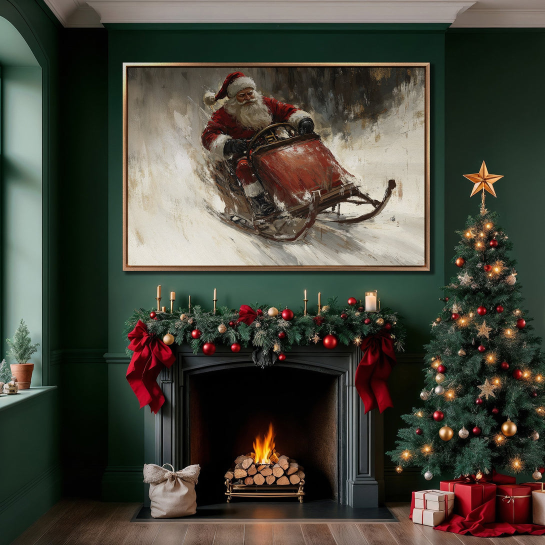 Framed Wall Art: Santa on a Sleigh, festive artwork with a warm color palette. Perfect Christmas decor for a cozy interior.