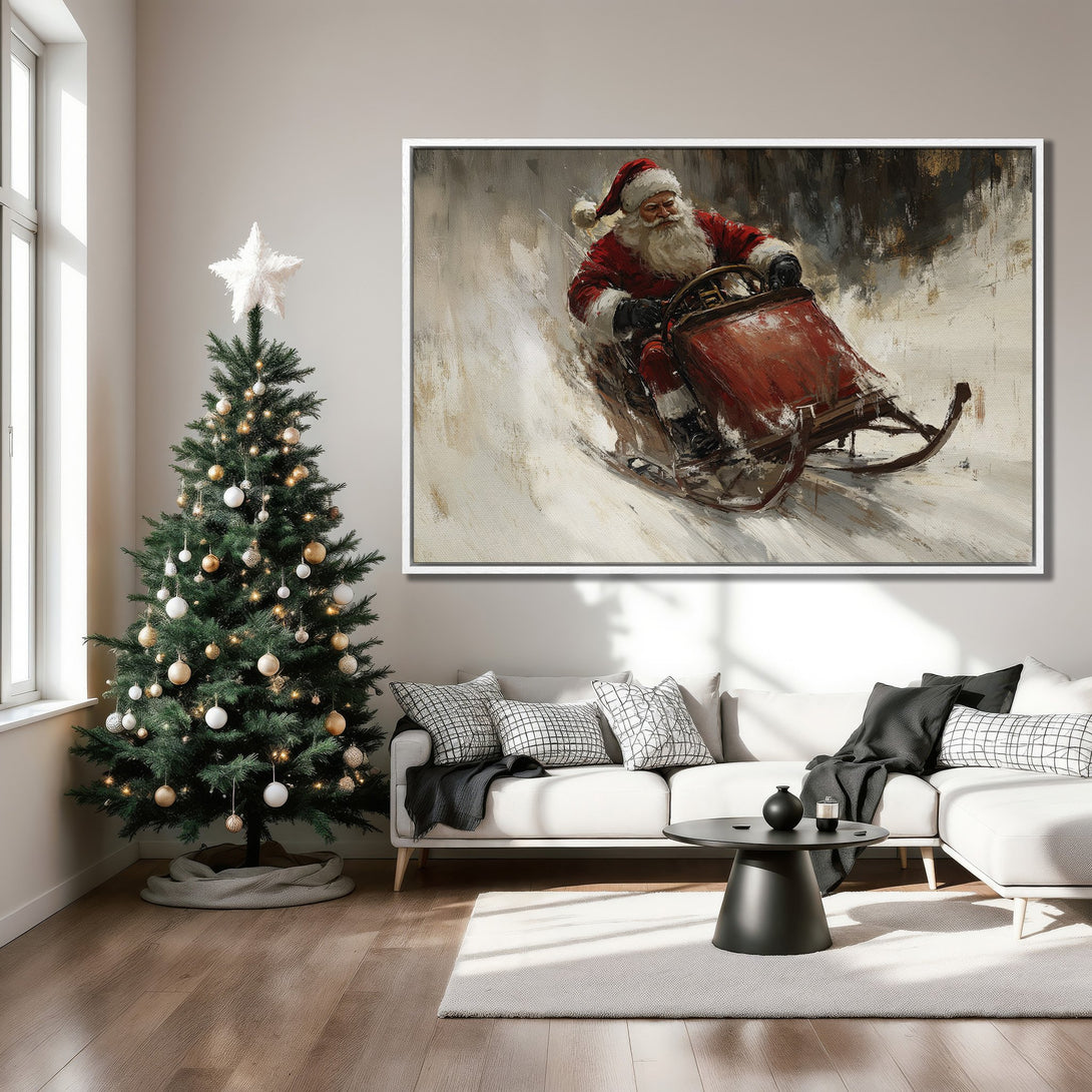 Framed Wall Art: Santa Claus on a sleigh in a snowy landscape. Impressionistic style, warm red and neutral color palette. Perfect Christmas decor.