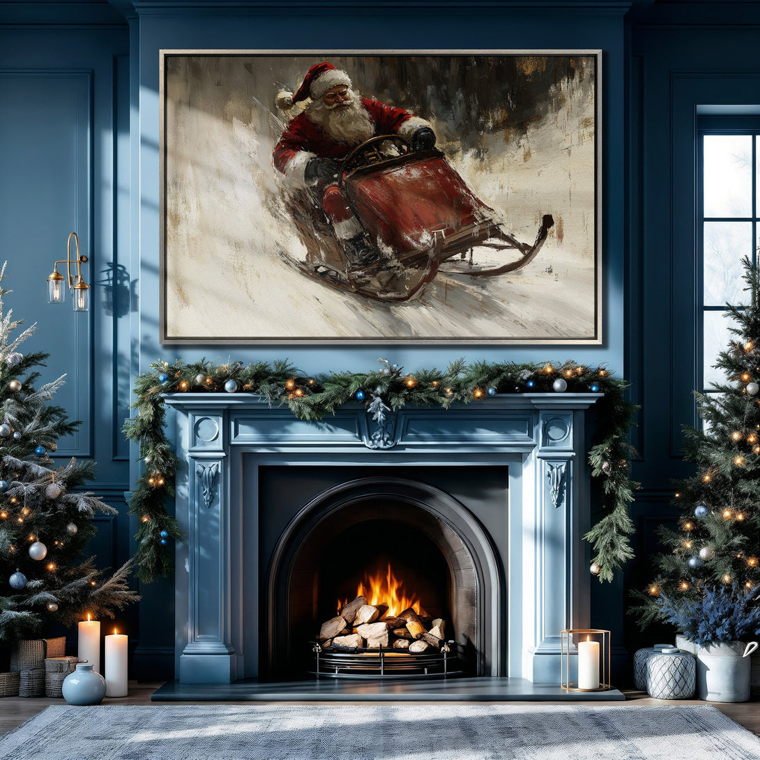 Framed Wall Art: Santa Claus on a sleigh canvas print, a festive winter scene in red and neutral tones, displayed in a blue interior. Perfect Christmas decor!