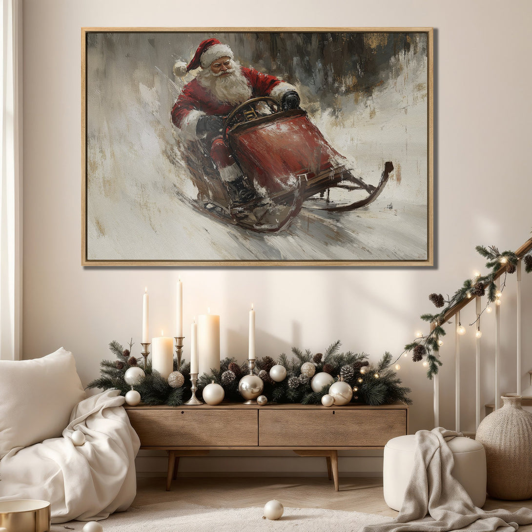 Framed Wall Art: Santa Claus on a sleigh in a snowy landscape. Rustic, painterly style with red, white, and neutral tones. Perfect Christmas decor!