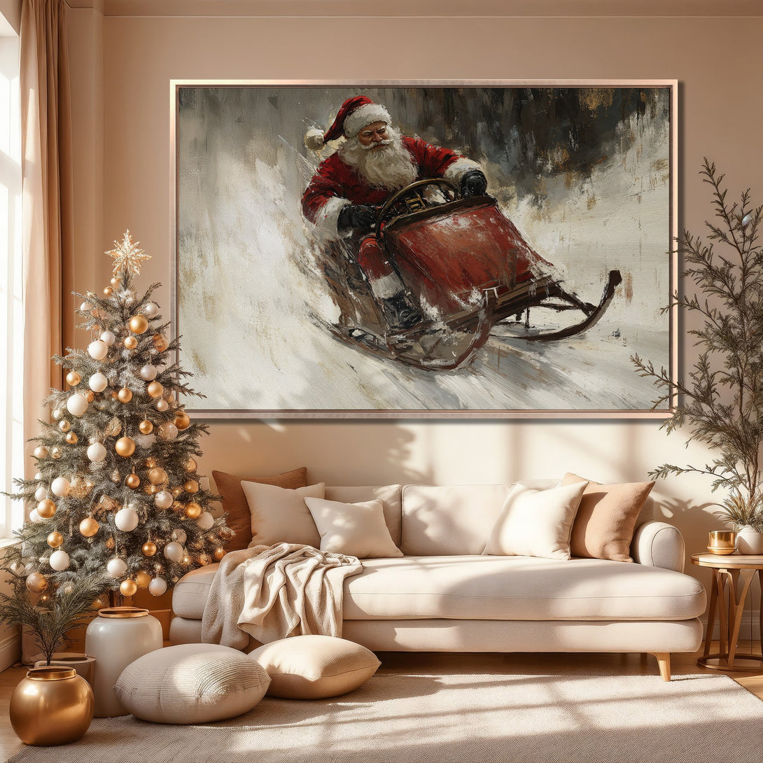 Framed Wall Art: Santa Claus on a sleigh, a festive painting in a warm, neutral palette. Perfect holiday decor for your home!