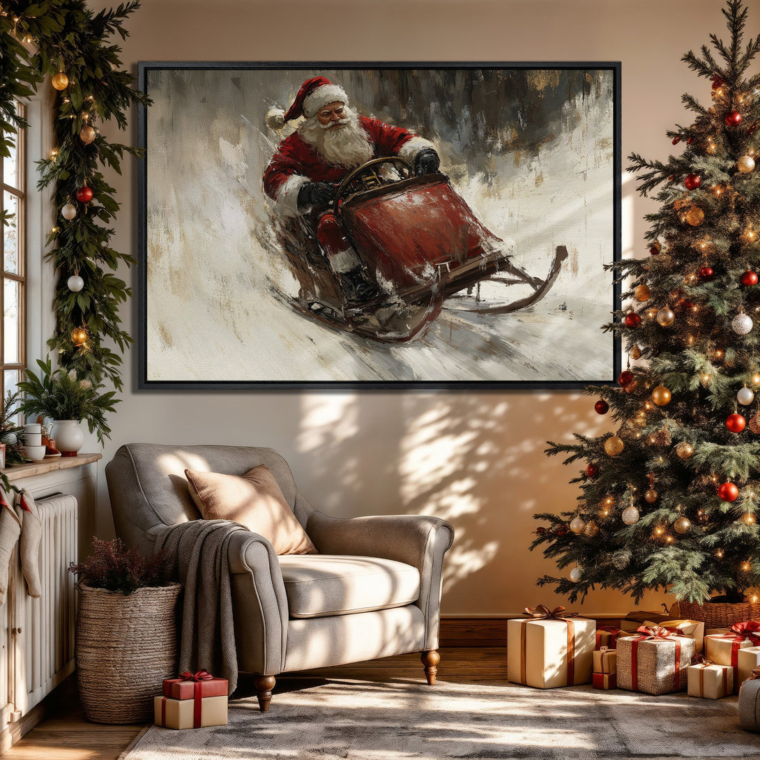Framed Wall Art: Santa Claus painting in a cozy Christmas interior. Warm palette with red, white, and beige tones. Perfect holiday decor!