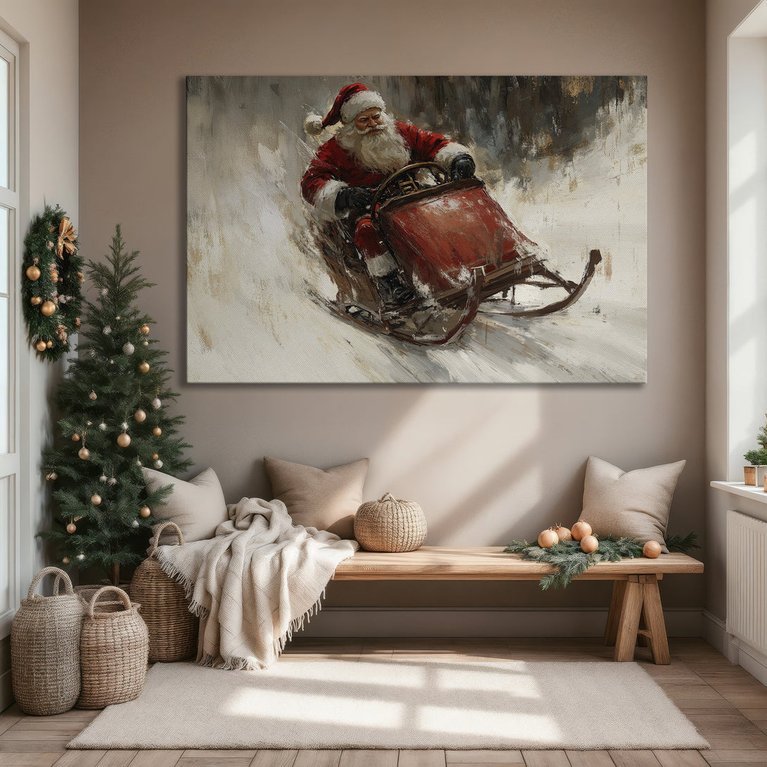 Framed Wall Art: Santa Claus painting in a cozy living room. Impressionistic style with red, white, and gold color palette. Perfect Christmas decor.