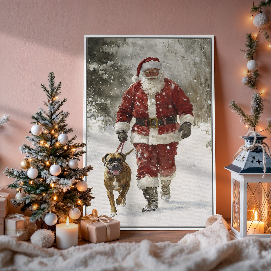 Framed Wall Art: Watercolor Santa Claus with dog in snowy scene. Festive red & white palette. Perfect Christmas decor for a cozy holiday vibe.