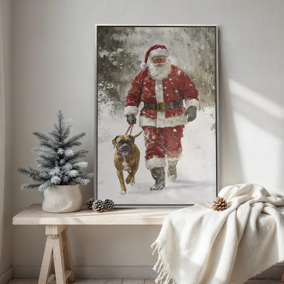 Framed Wall Art: Watercolor Santa Claus walking dog in winter scene. Festive red, white, and brown color palette. Perfect Christmas decor for your home!