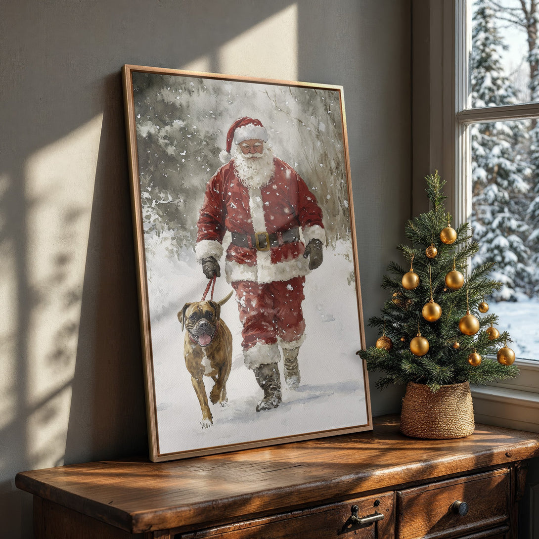 Framed Wall Art featuring Santa Claus walking a dog in a snowy scene, watercolor style. Red, white, and brown color palette. Perfect Christmas decor!