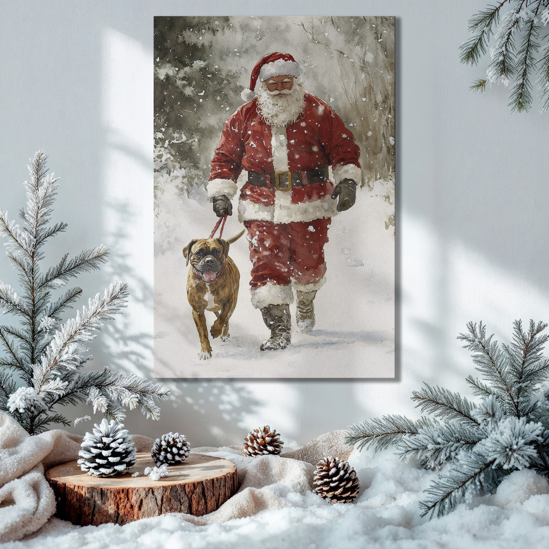 Framed Wall Art: Watercolor Santa walking dog in snow. Festive Christmas decor with red, white, and gold color palette. Perfect holiday gift!