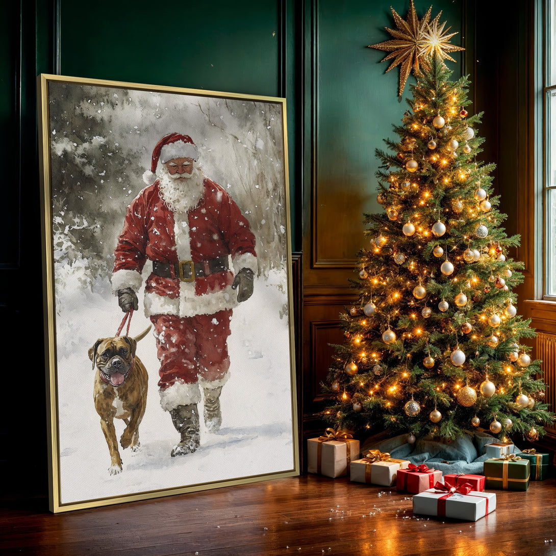 Canvas Print featuring Santa Claus walking a dog in a watercolor style, snowy scene. Red, white, and brown color palette, perfect Christmas decor.