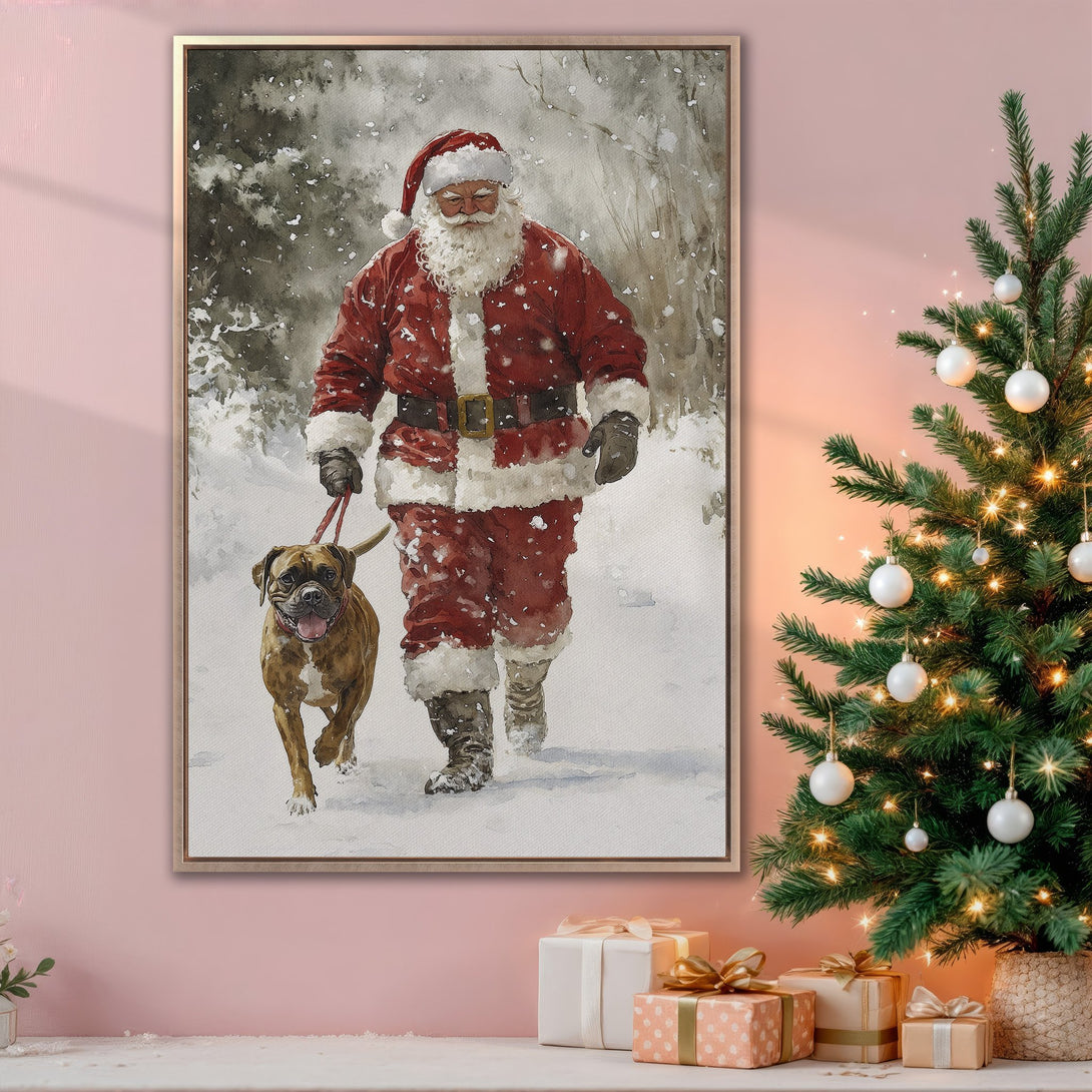 Framed Wall Art: Watercolor Santa Claus walking a dog in the snow. Festive red and white palette. Perfect Christmas decor for your home.