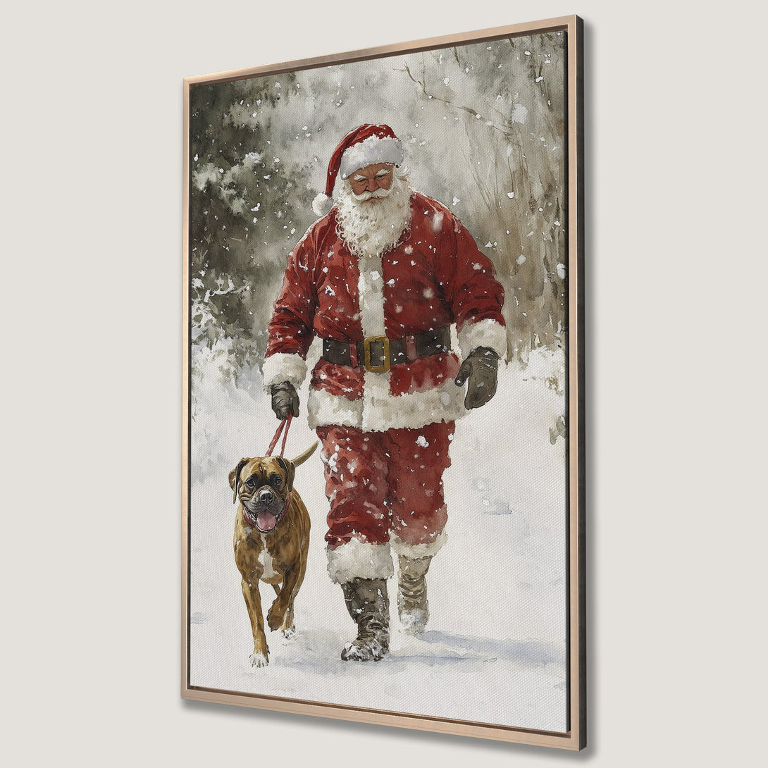 Framed Wall Art: Watercolor painting of Santa Claus walking a dog in the snow. Red, white, and brown color palette. Perfect Christmas decor.