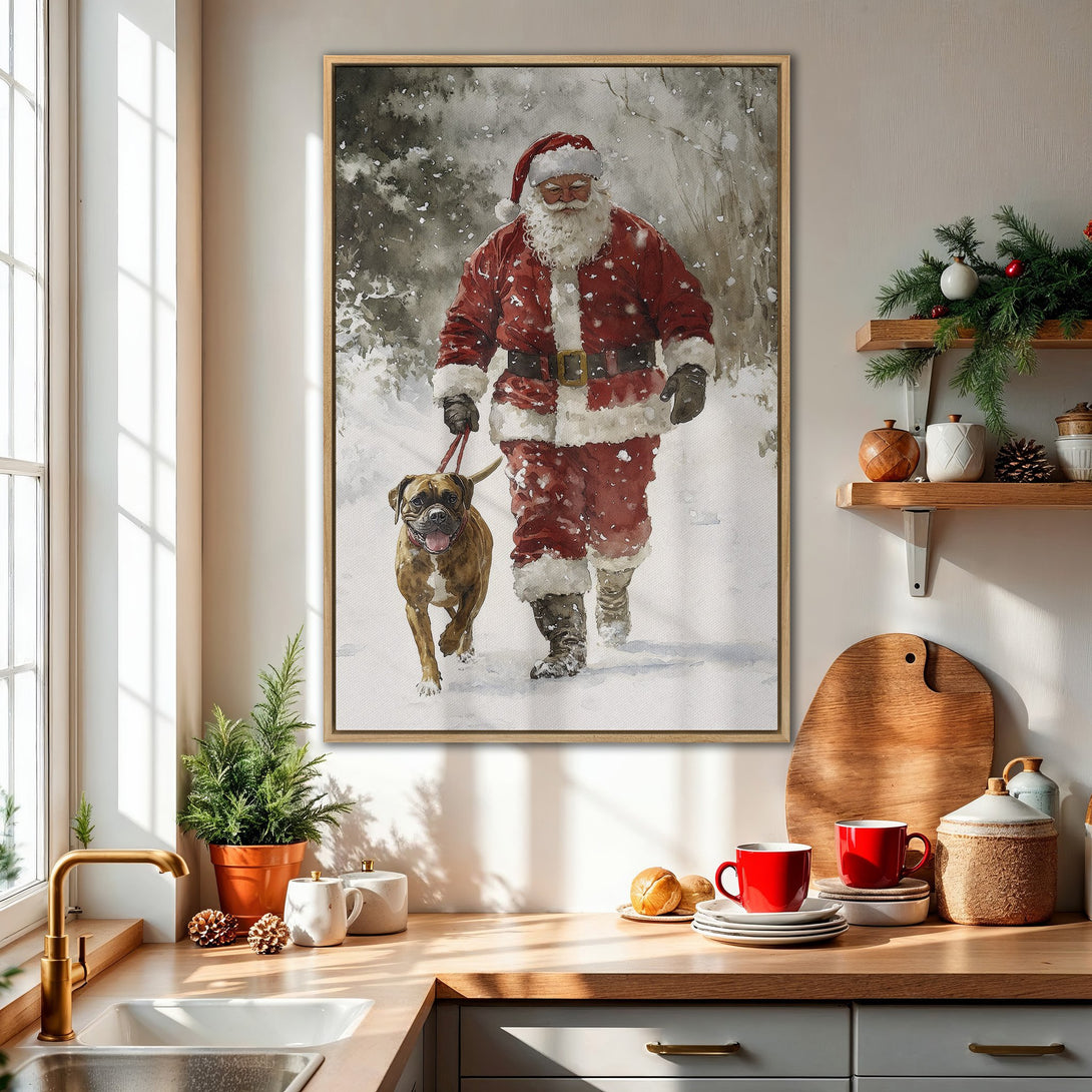 Framed Wall Art: Santa Claus walking a dog in a winter scene. Watercolor style with red, white, and brown tones. Perfect Christmas decor!