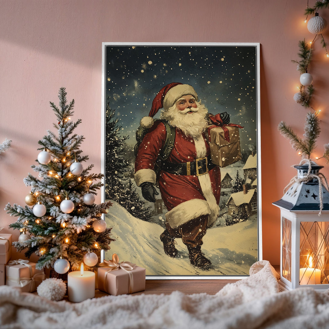 Framed Wall Art: Vintage Santa Claus print in a cozy Christmas scene. Red, white, and blue color palette. Perfect holiday decor!