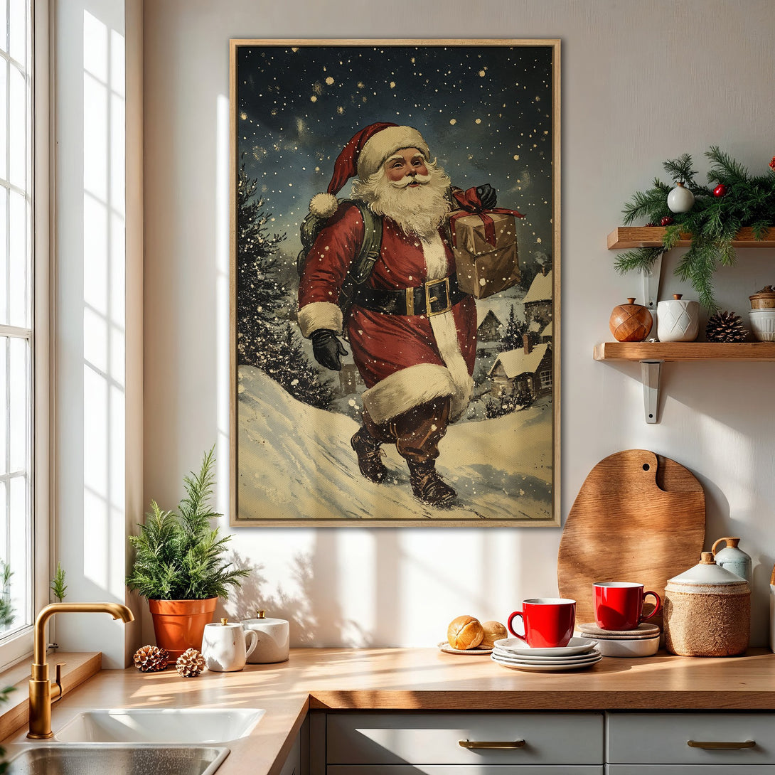 Framed Wall Art: Vintage Santa Claus print in a cozy kitchen. Features a classic illustration with red, white, and blue tones, perfect for Christmas decor.