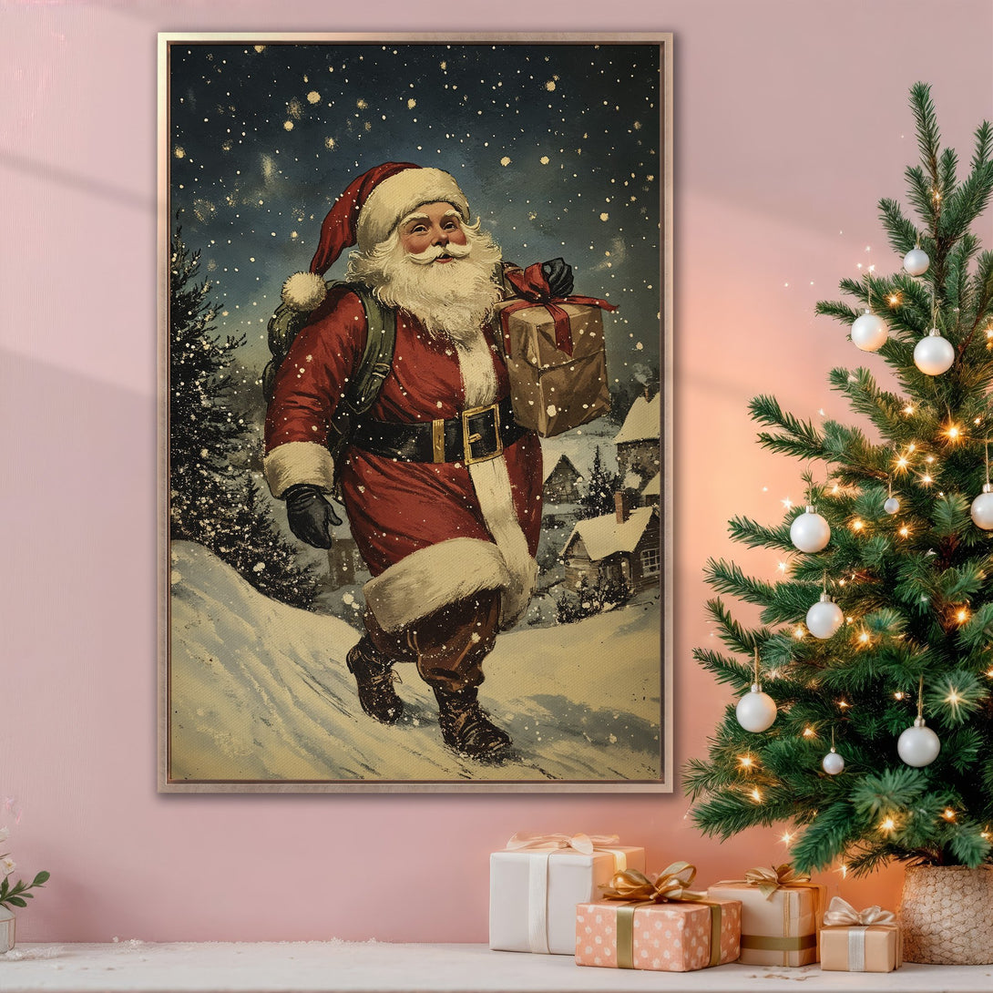 Framed Wall Art: Vintage Santa Claus Canvas Print in a cozy interior. Festive red & blue color palette with snow. Perfect Christmas decor!