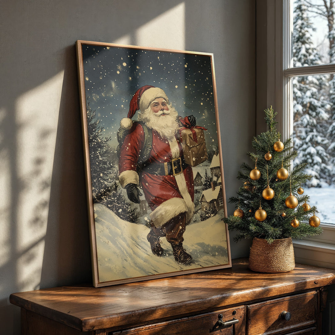 Framed Wall Art featuring Santa Claus in a vintage style, perfect for Christmas decor. Red, white, and blue color palette.