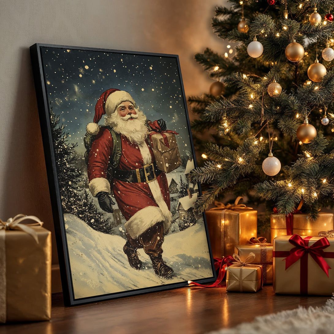 Framed Wall Art featuring Santa Claus in a snowy scene. Vintage style with red, gold, and blue color palette, perfect for Christmas decor.