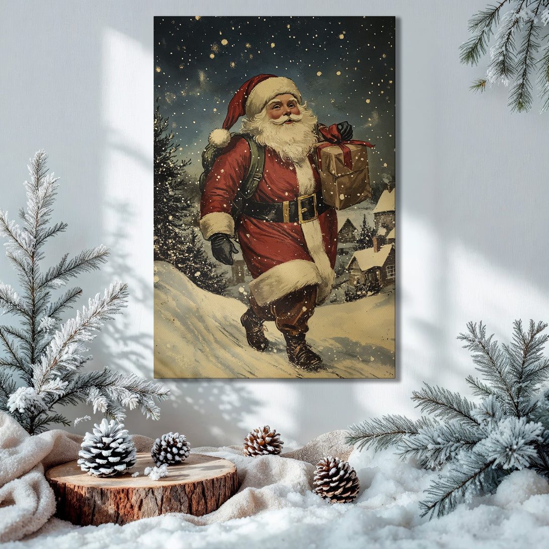 Framed Wall Art: Vintage Santa Claus Canvas Print in a cozy Christmas interior. Featuring a warm red and green color palette for festive decor.