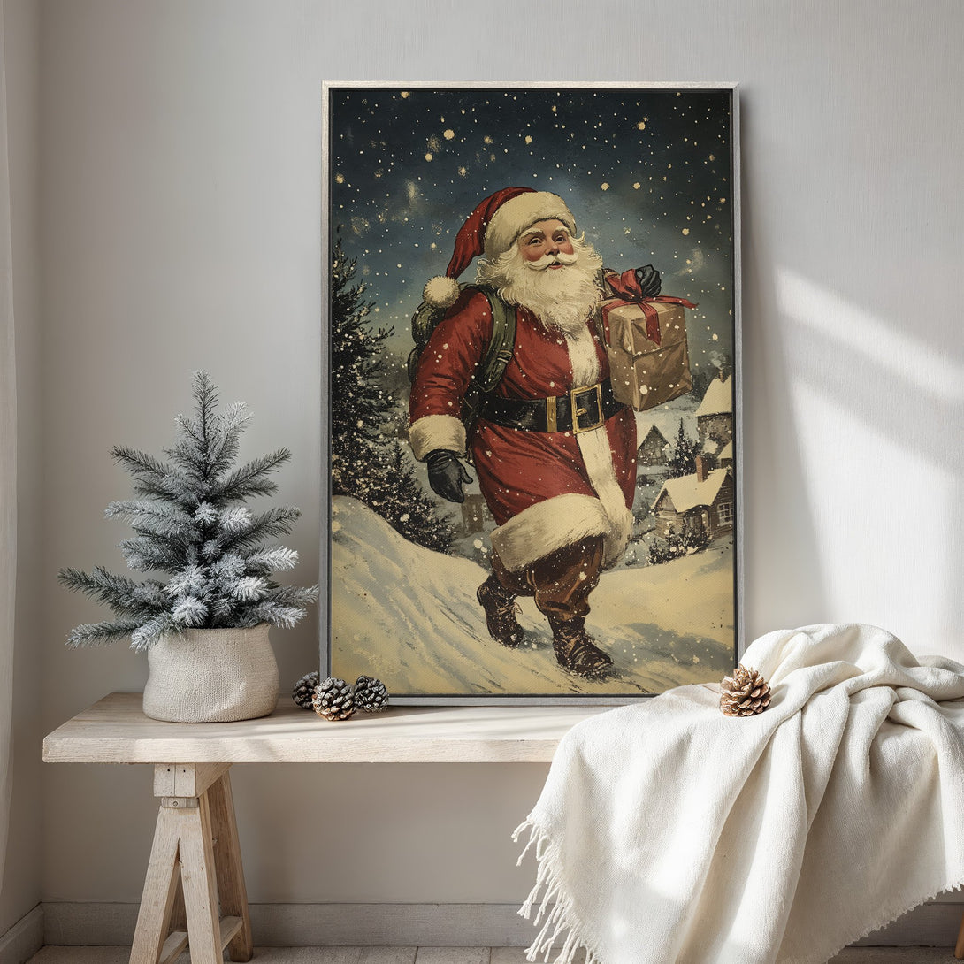 Framed Wall Art: Vintage Santa Claus painting in a snowy scene. Warm red, brown, and cream color palette. Perfect Christmas decor for a cozy home.