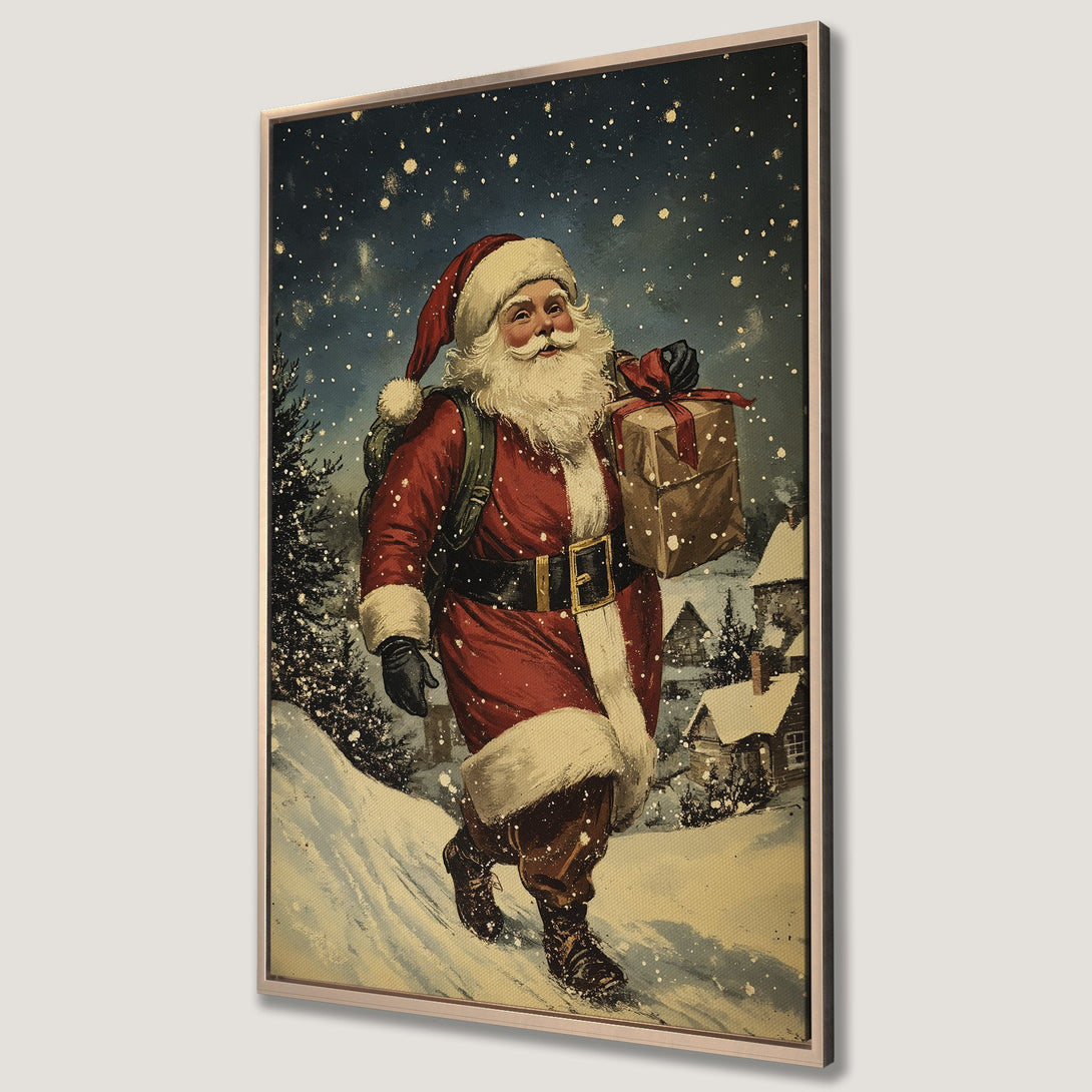 Framed Wall Art: Vintage Santa Claus Canvas Print. Festive artwork with a retro style, featuring a red and cream color palette, perfect for Christmas decor.