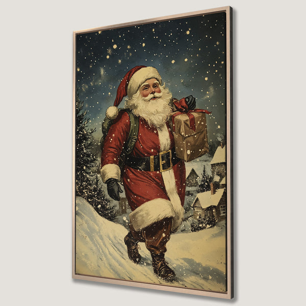 Framed Wall Art: Vintage Santa Claus Canvas Print. Festive artwork with a retro style, featuring a red and cream color palette, perfect for Christmas decor.