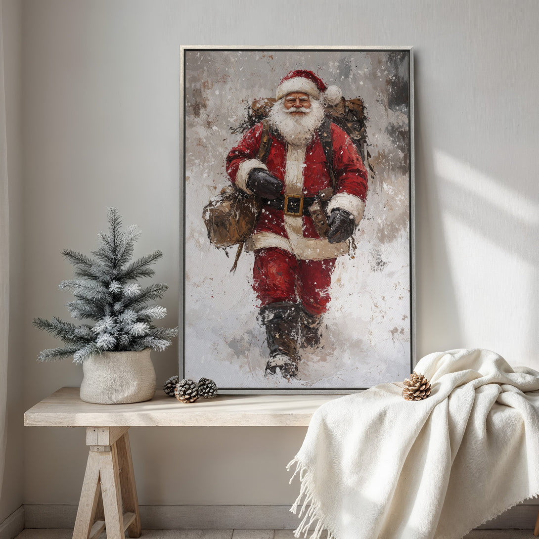 Framed Wall Art: Santa Claus in a snowy landscape. Rustic style with a red, white, and brown color palette. Perfect Christmas decor for your home!