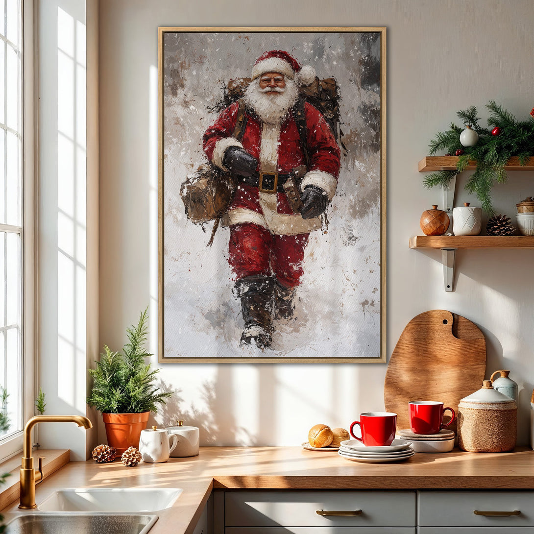 Framed Wall Art of Santa Claus walking in the snow, impressionistic style, red and neutral color palette. Perfect holiday decor!