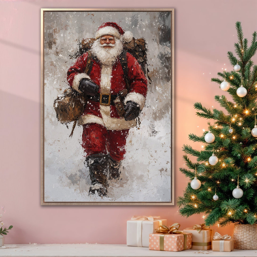 Framed Wall Art featuring Santa Claus in an impressionistic style, vibrant red and white against a snowy backdrop, perfect for Christmas decor.