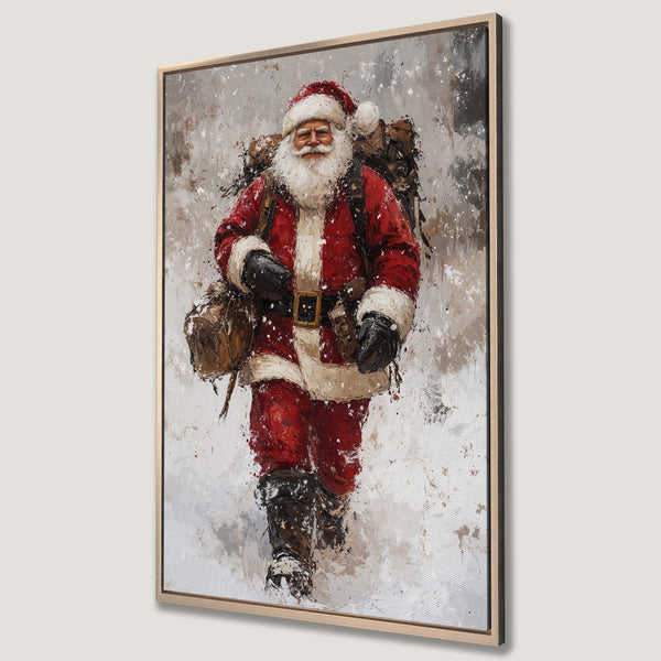 Framed Wall Art: Oil painting of Santa Claus in a snowy scene. Red and white palette with neutral background. Festive holiday decor for your home.