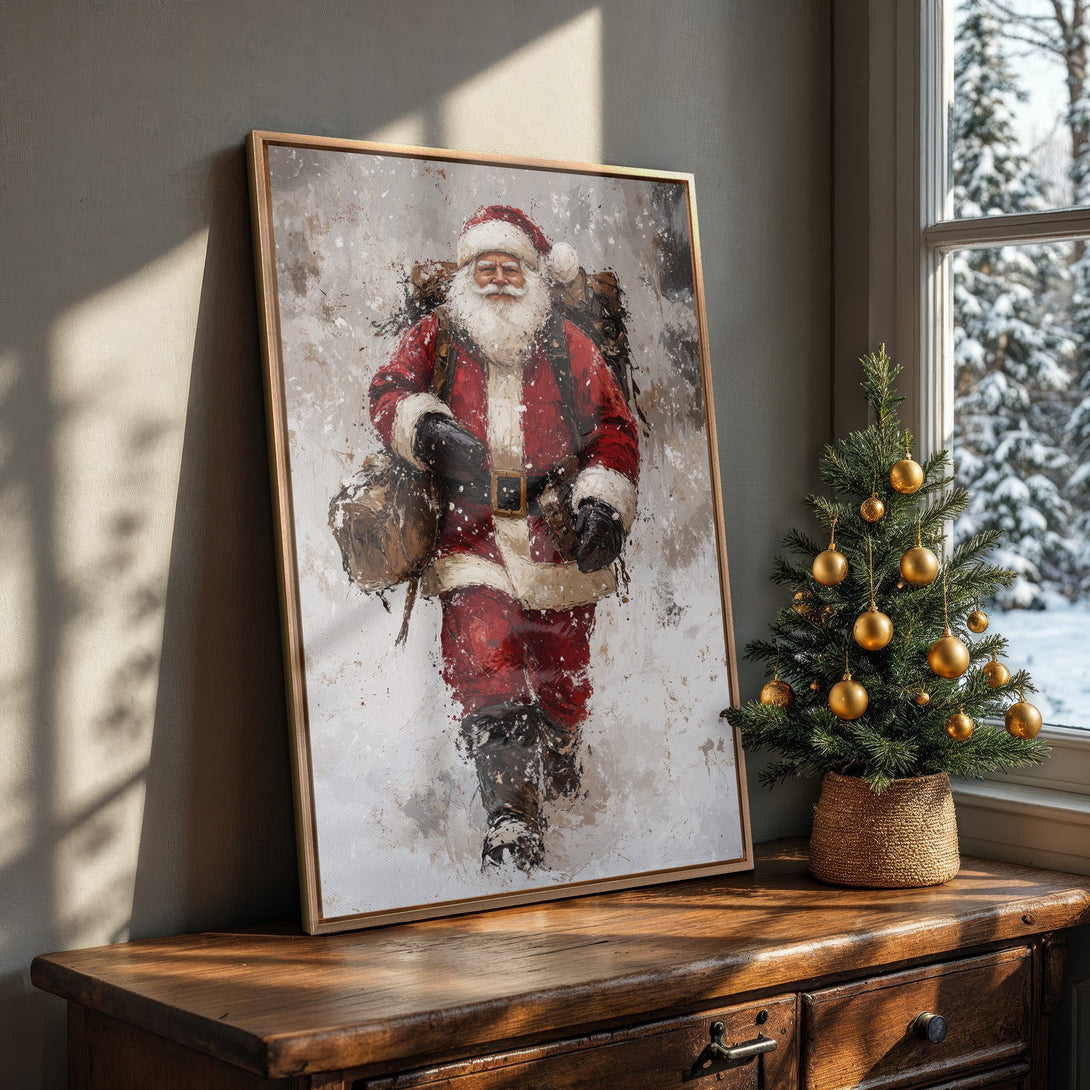 Framed Wall Art of Santa Claus in a snowy scene. Festive red and white palette, impressionist style. Perfect Christmas decor.