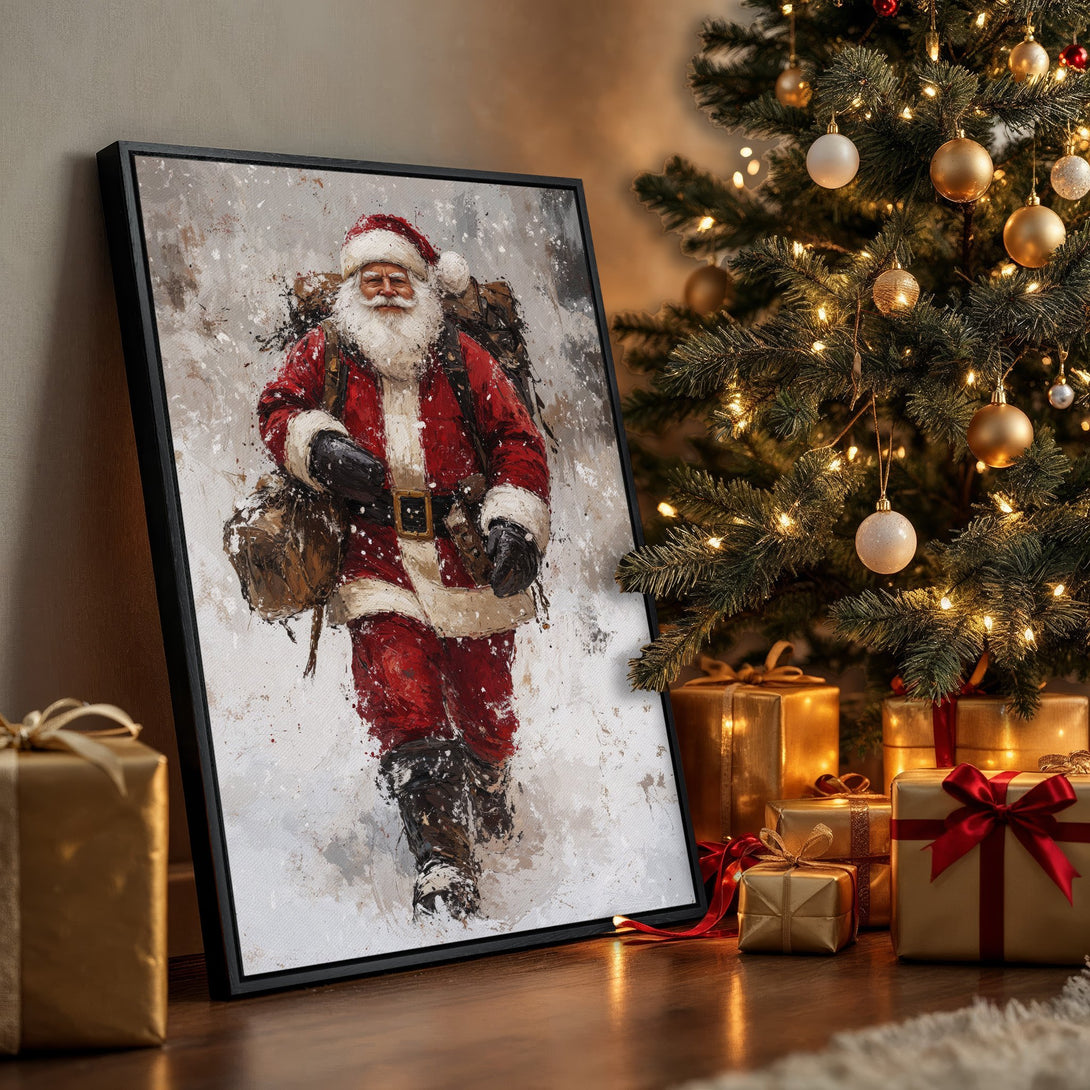 Framed Wall Art: Santa Claus painting in a winter scene. Festive red & white palette with a touch of gold, perfect for Christmas decor.