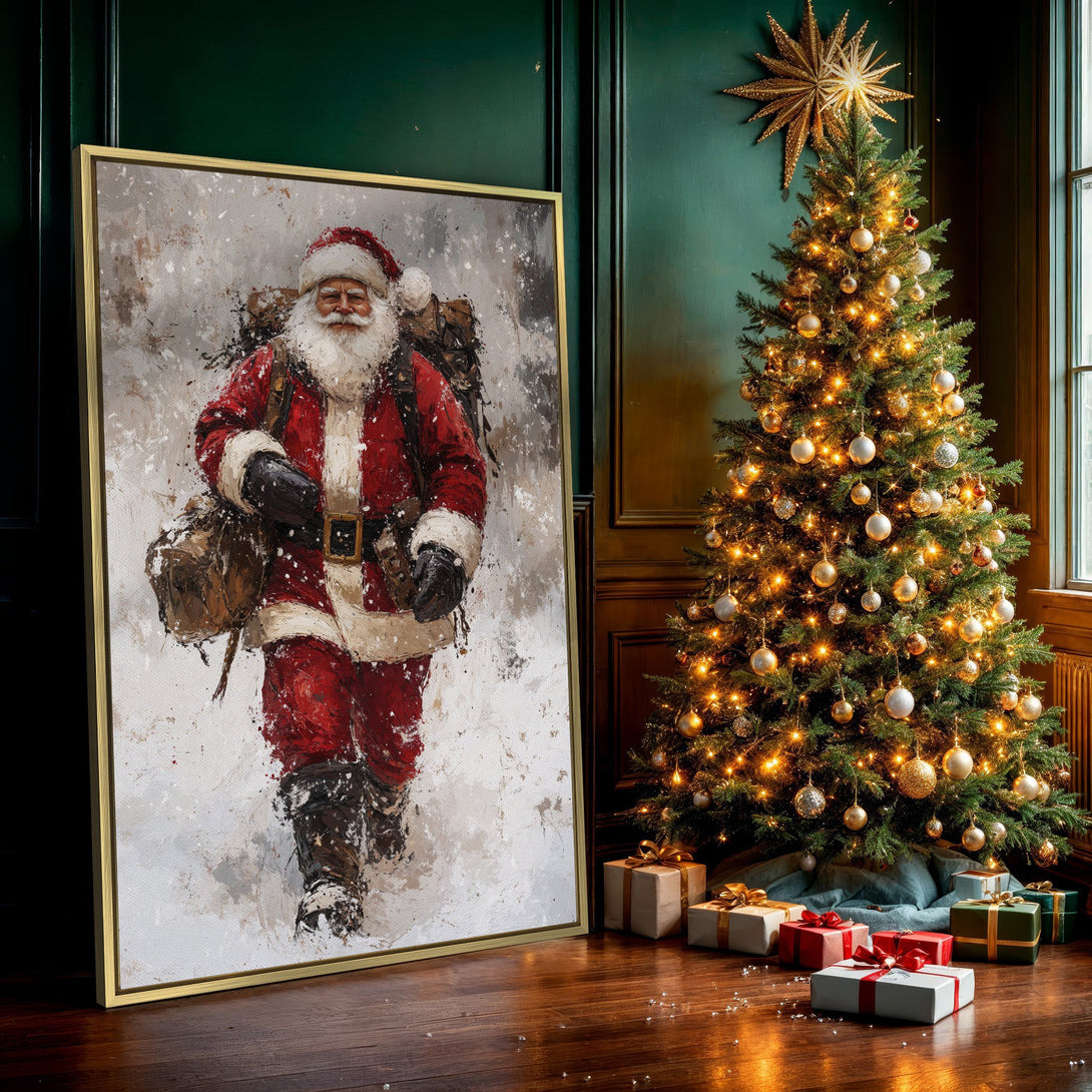 Canvas Print of Santa Claus in a snowy landscape. Rustic style, red and white color palette. Perfect Christmas wall art!