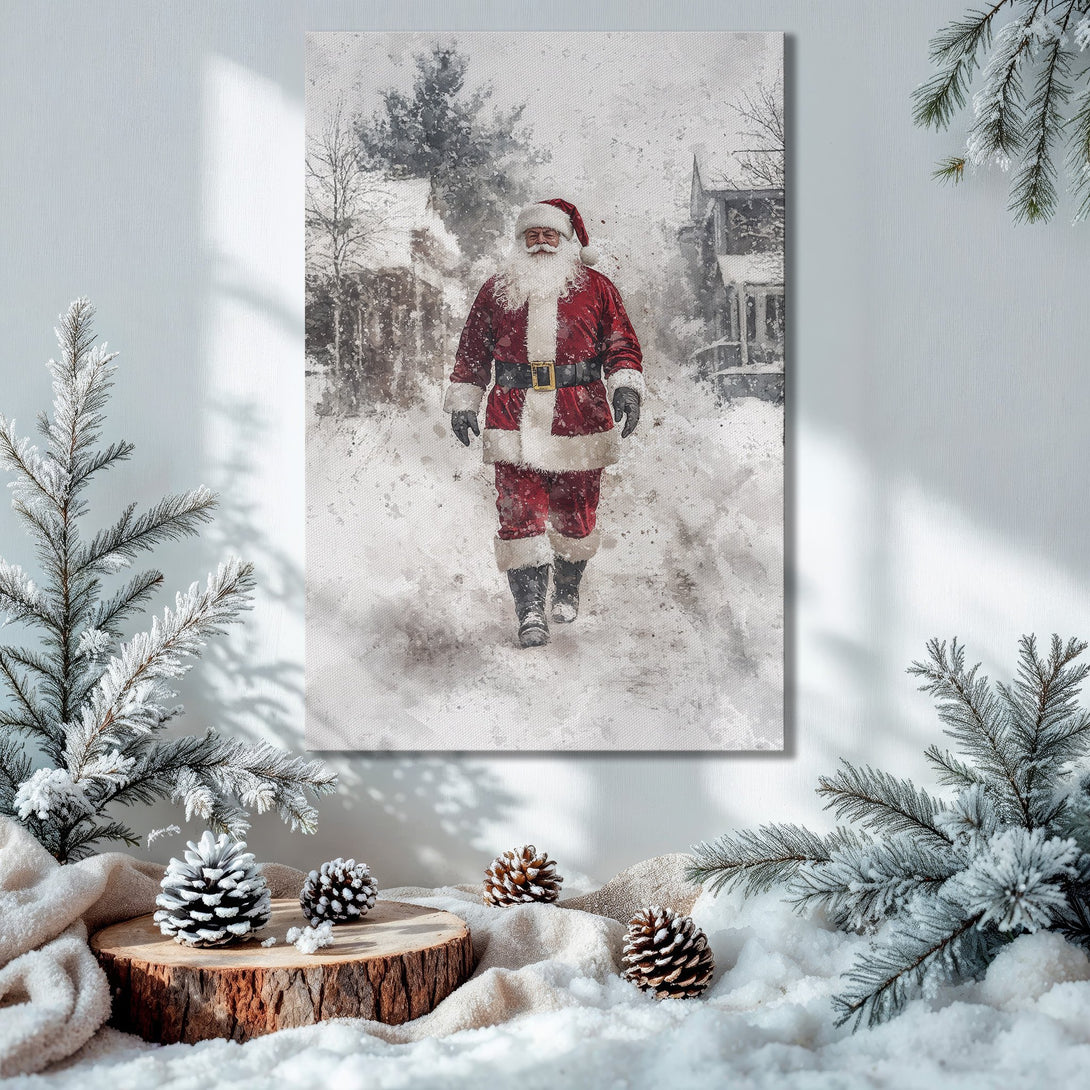 Framed Wall Art: Watercolor Santa Claus in winter scene. Festive red & white art with gold frame, perfect Christmas decor.