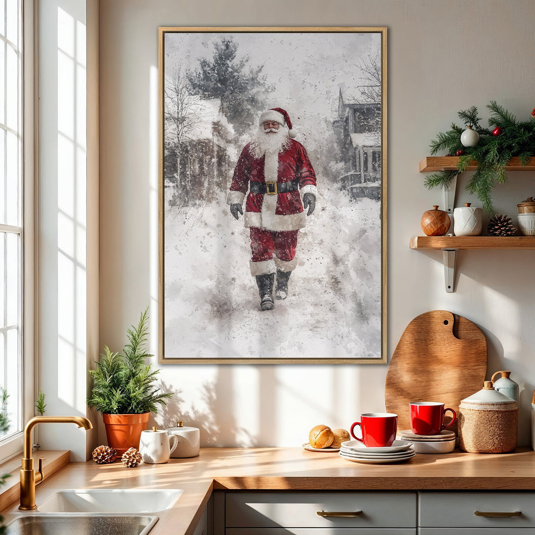 Framed Wall Art featuring Santa Claus in a winter scene. Watercolor style, red and gray color palette. Perfect Christmas decor for your home!