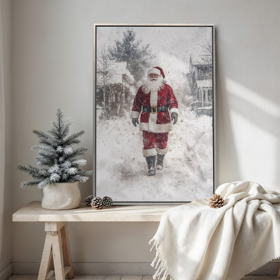 Framed Wall Art: Watercolor Santa Claus in snowy landscape. Festive red and white color palette. Perfect Christmas decor for a cozy, wintery vibe.