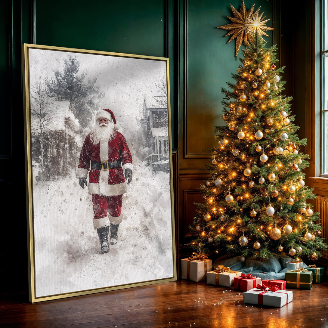 Canvas Print of Santa Claus in a snowy scene, watercolor style, red and white holiday art for Christmas decor.