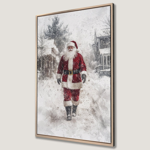 Framed Wall Art: Santa Claus walking in a snowy scene. Watercolor style, red and white palette. Perfect Christmas decor!