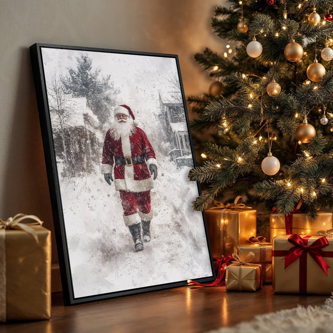Framed Wall Art featuring Santa Claus in a watercolor style, with a red, white, and gray color palette. Perfect Christmas decor!