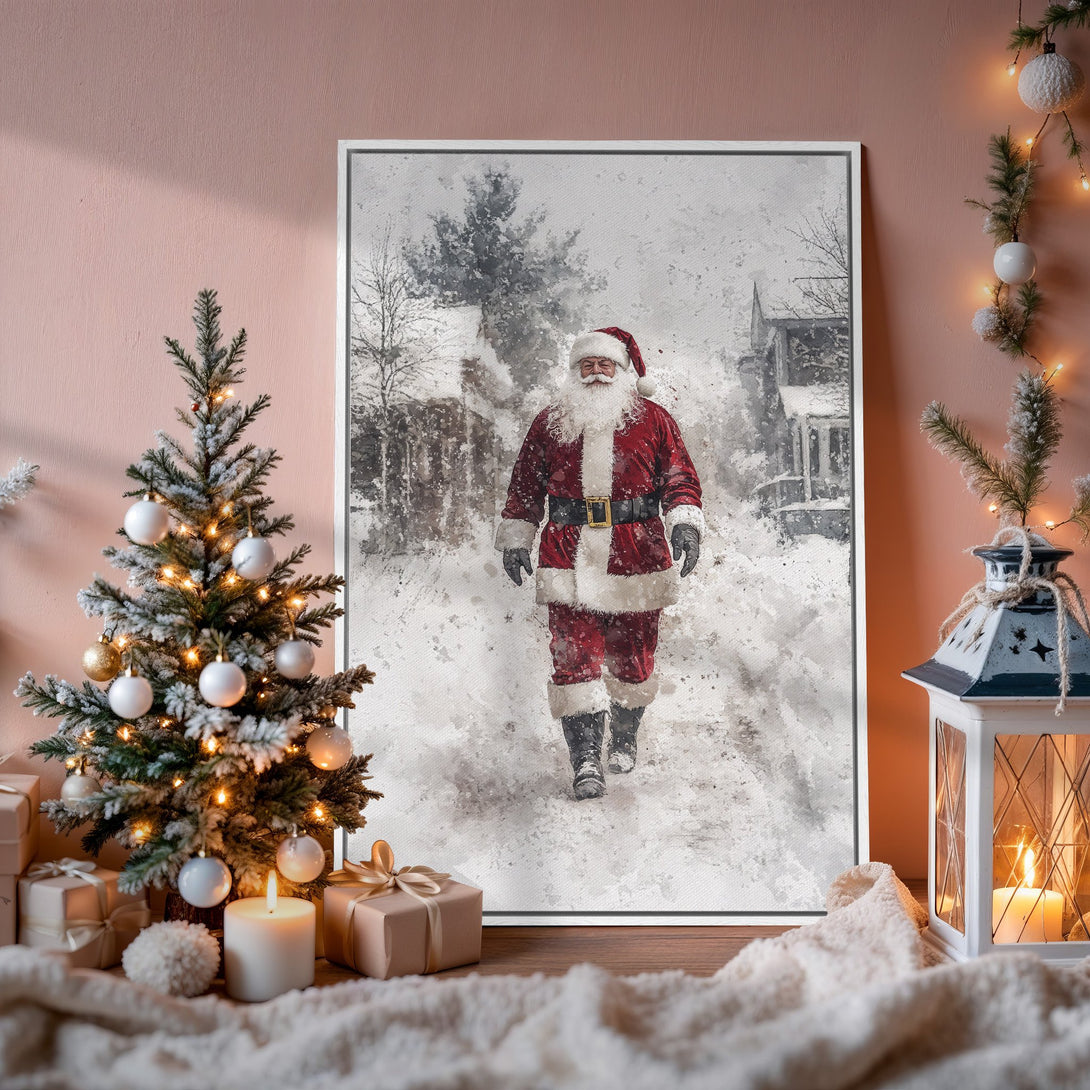Framed Wall Art: Santa Claus in a snowy scene, watercolor style. Red, white, and gray color palette. Festive Christmas decor.