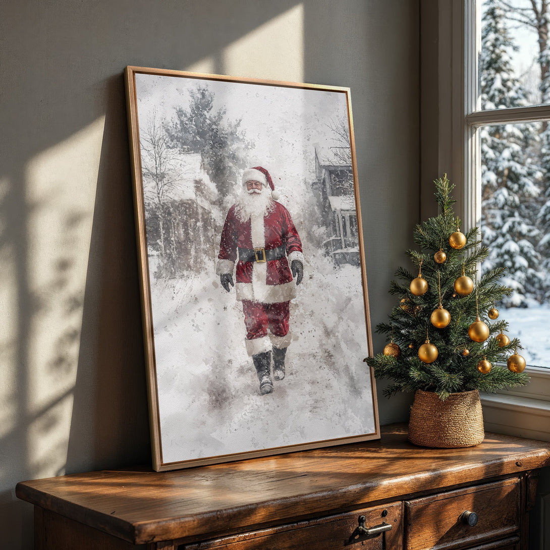 Framed Wall Art featuring Santa Claus in a snowy scene. Rustic style with red, white, and gray tones. Perfect Christmas decor!
