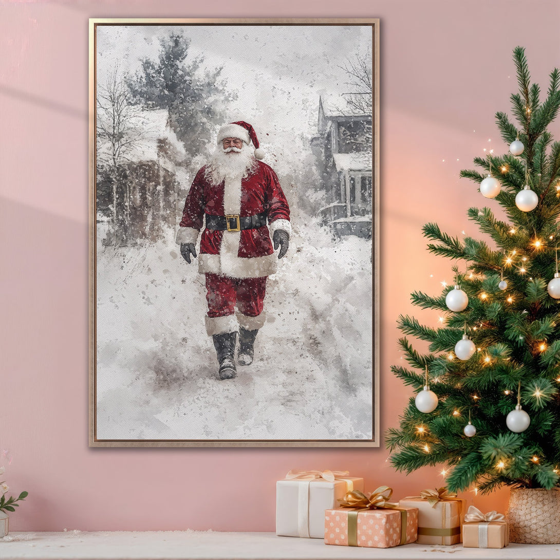 Framed Wall Art featuring Santa Claus in a snowy scene. Watercolor style with red, white, and gray tones. Perfect holiday decor!