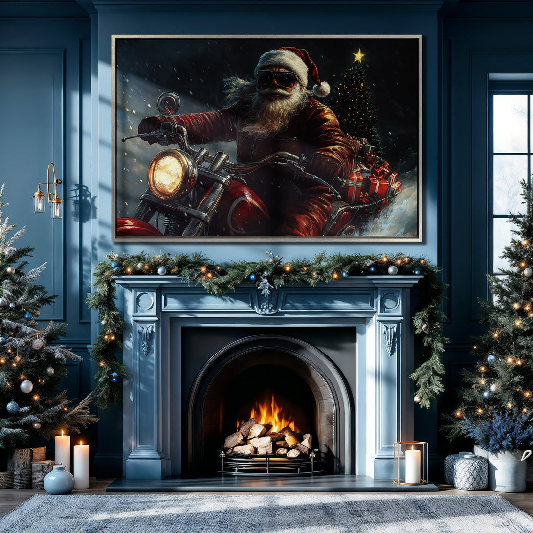 Framed Wall Art: Santa on a motorcycle, modern style, vibrant reds & blues. Perfect Christmas decor for a cozy living room.