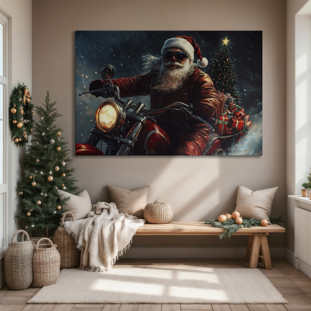 Framed Wall Art: Santa Claus on a motorcycle, bold art style, red and dark blue color palette, perfect for Christmas decor.