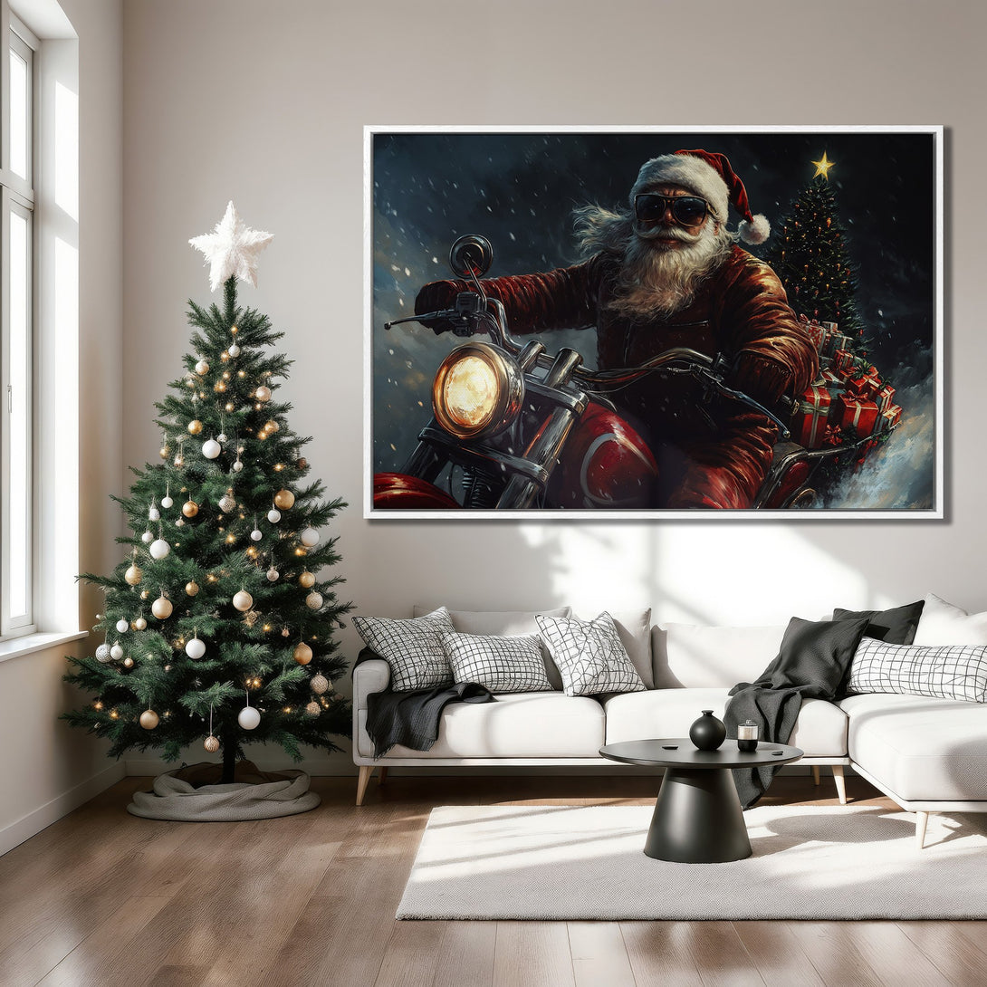 Framed Wall Art: Santa on a motorcycle, festive Christmas decor. Red, black, and white color palette. Perfect for holiday home accents.